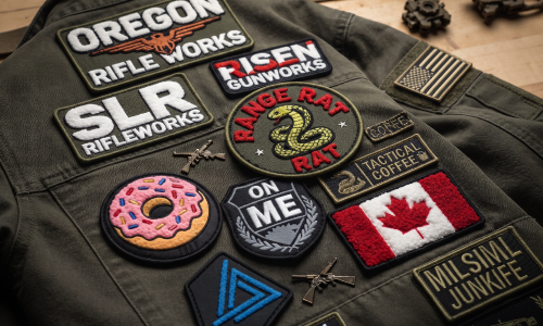 Custom chenille patches featuring personalised embroidered designs on a jacket